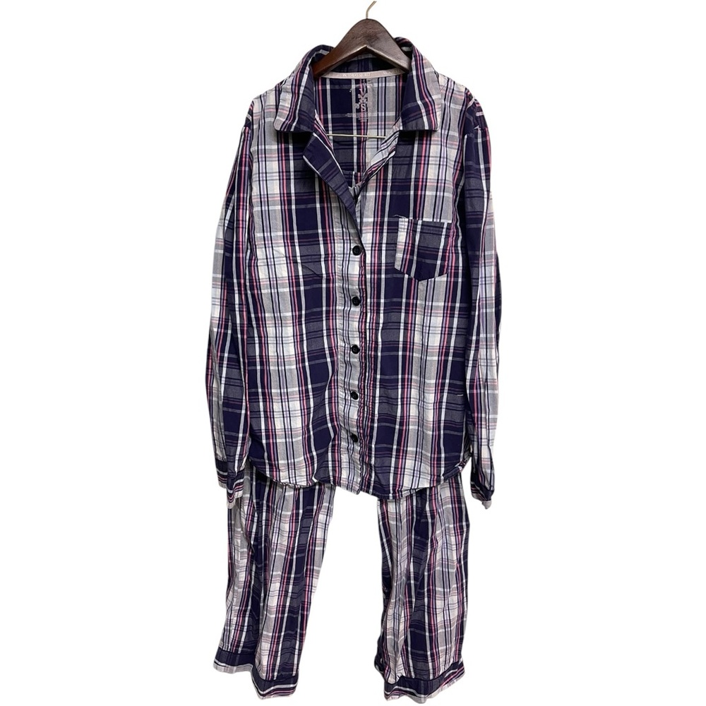 VICTORIA’S SECRET Pink & Navy Blue Plaid Pajama Set Cotton Size Large